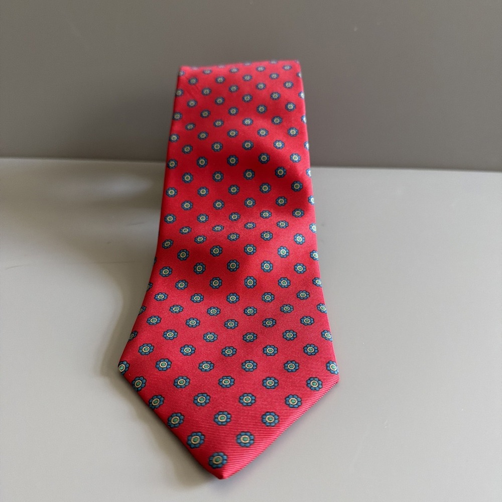 Lands End Men's Necktie Tie 100% Silk Red with Blue Floral Polka Dots